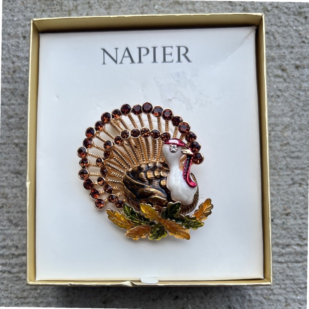 Napier Thanksgiving Turkey Brooch Gold Tone Enamel Brown Rhinestone Fall Pin Box